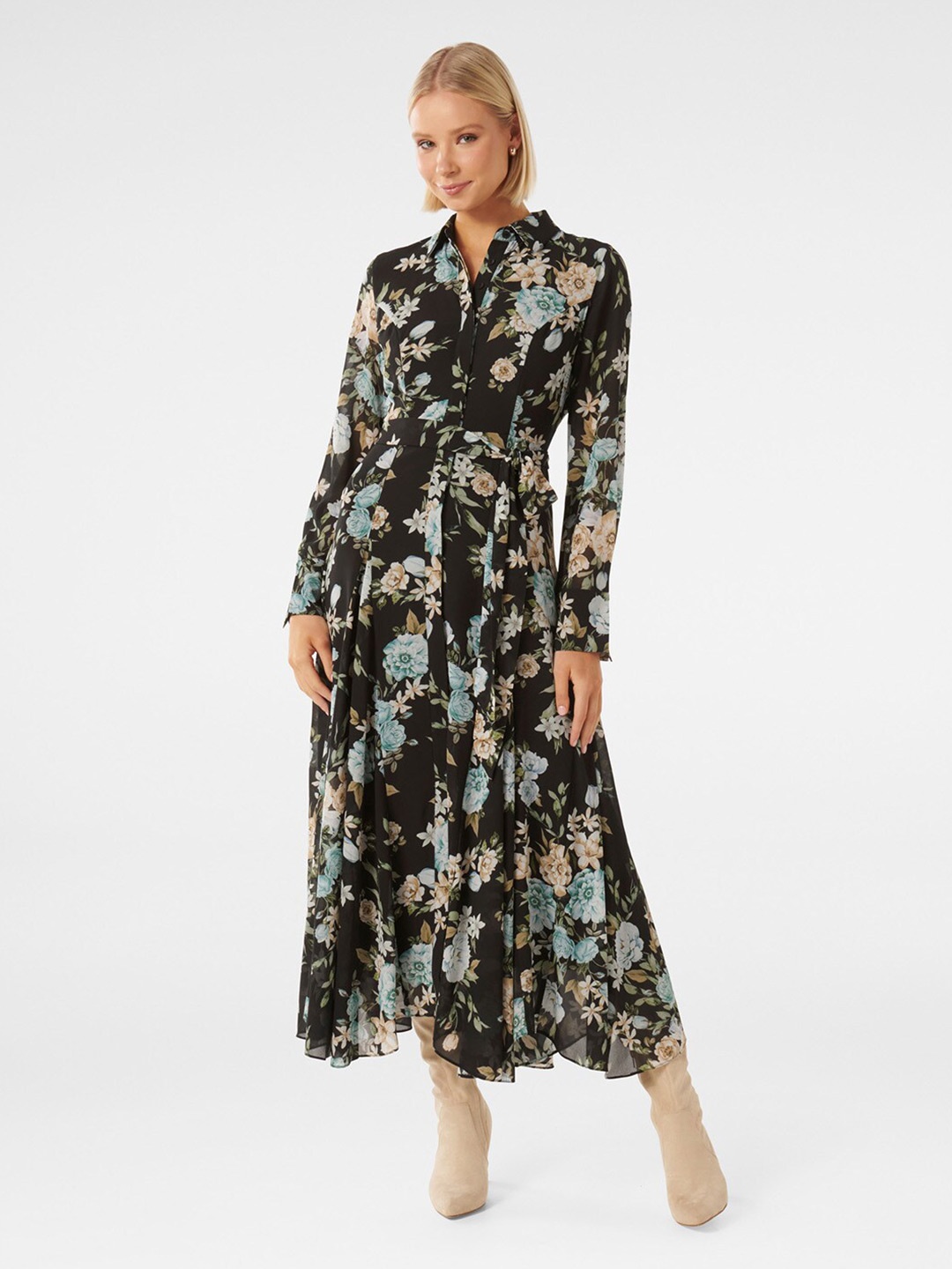 

Forever New Floral Print Shirt Collar Maxi Dress, Black