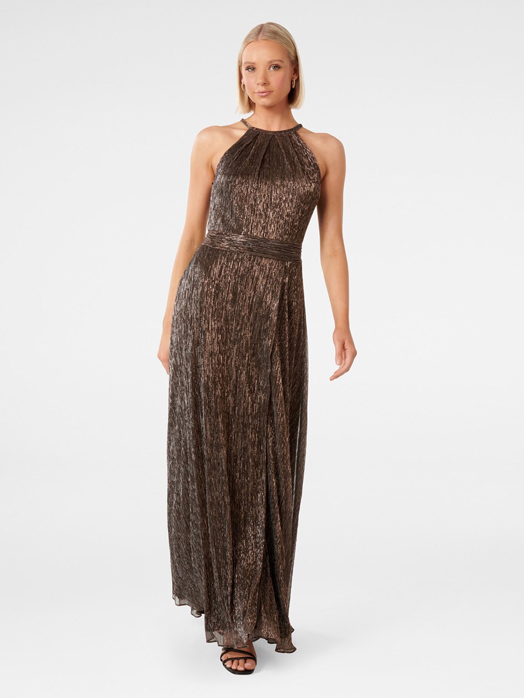 

Forever New Self Design Halter Neck Maxi Dress, Bronze
