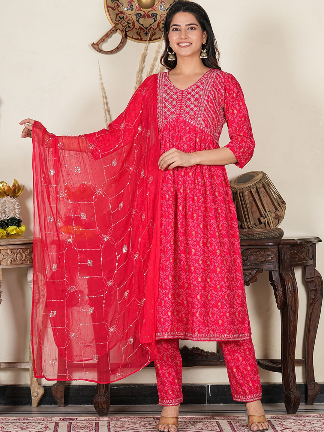 

YASH GALLERY Floral Printed Mirror Work Empire Kurta & Trousers With Dupatta, Red