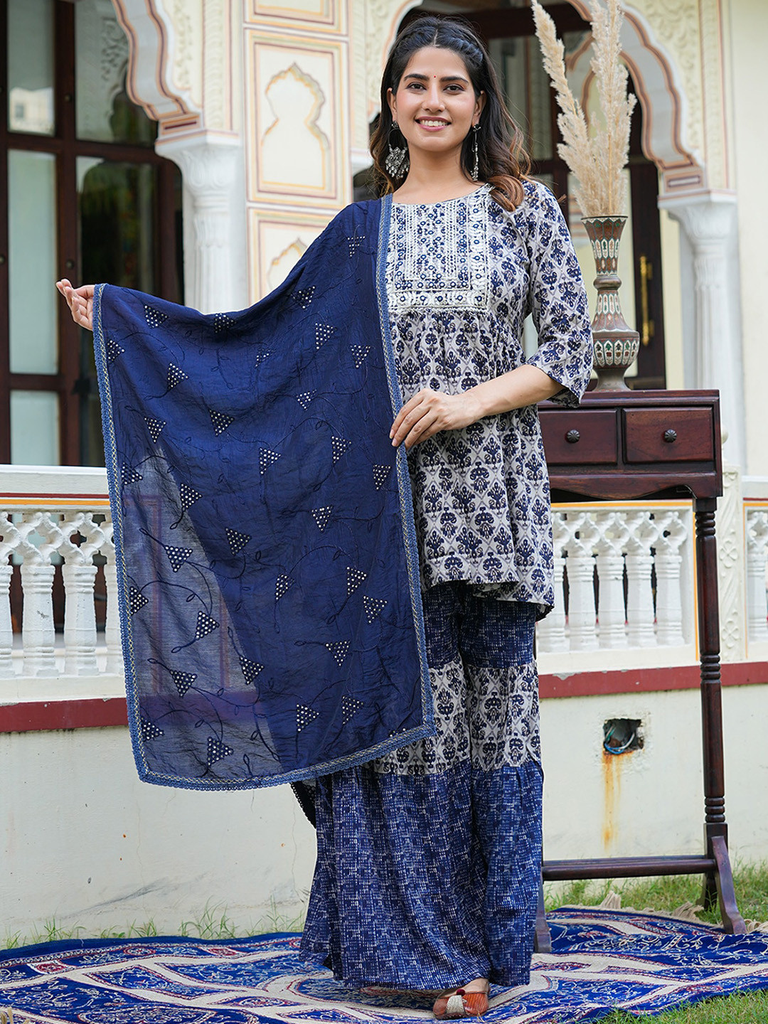 

YASH GALLERY Ethnic Motifs Yoke Design Empire Mirror Work Kurta With Sharara & Dupatta, Blue