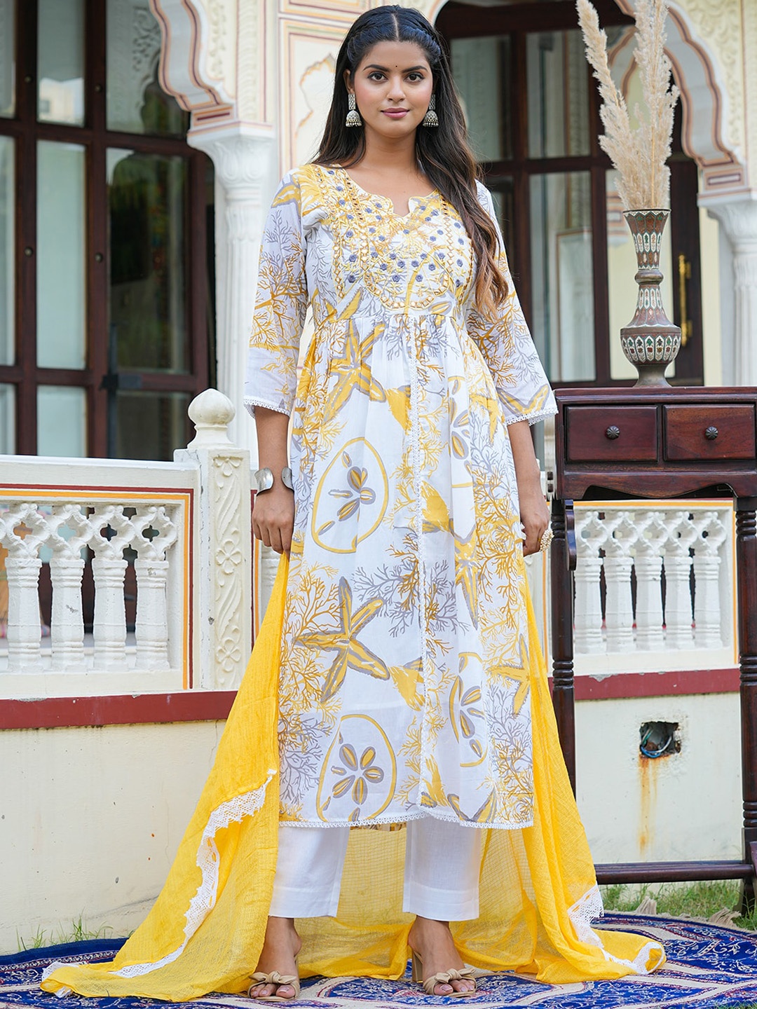 

YASH GALLERY Floral Yoke Design Thread Work Pure Cotton Kurta With Trousers & Dupatta, Yellow