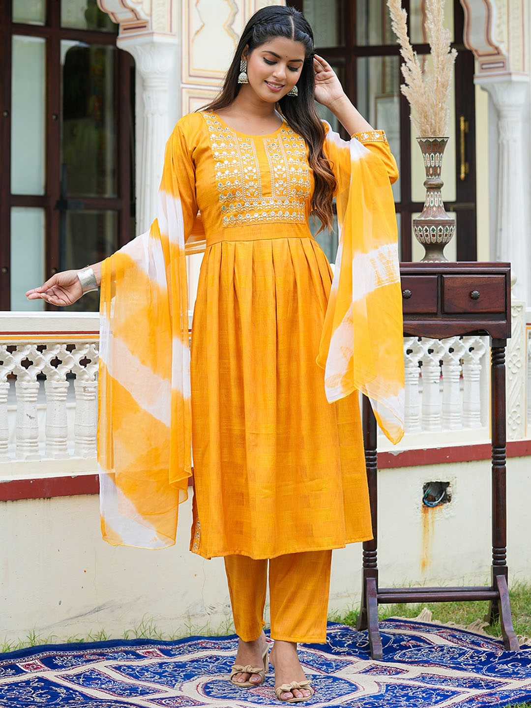 

YASH GALLERY Floral Yoke Design Anarkali Kurta With Trousers & Dupatta, Mustard