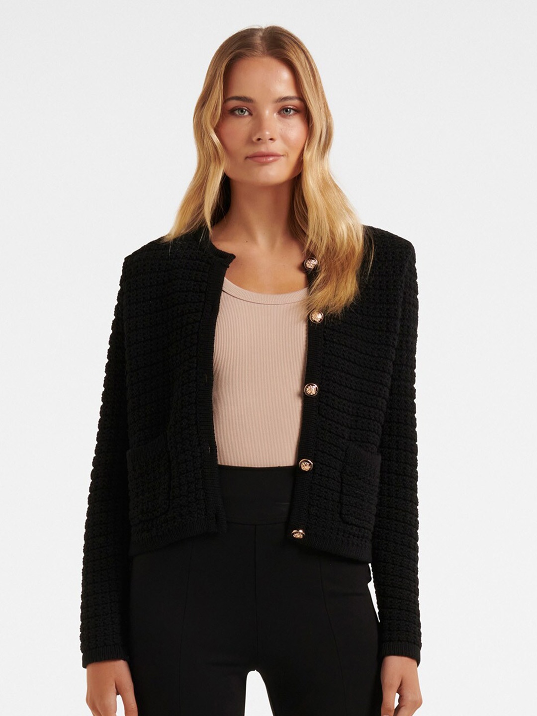 

Forever New Self Design Open Knit Cardigan Sweater, Black