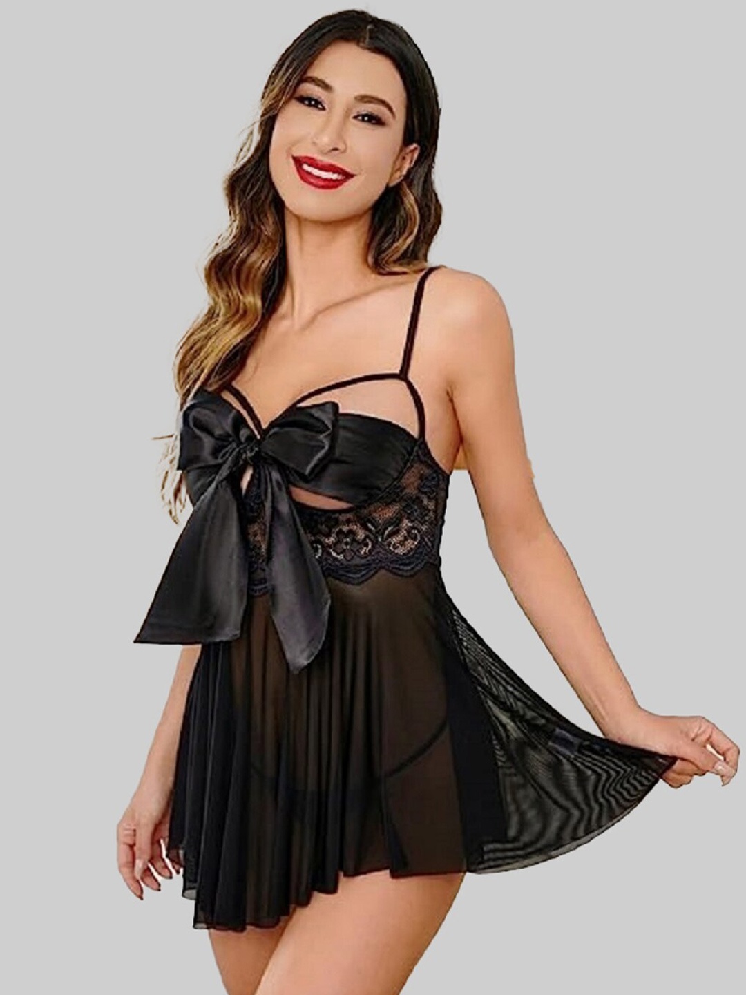 

FIMBUL Self Design Bow Embellished Net Baby Doll, Black