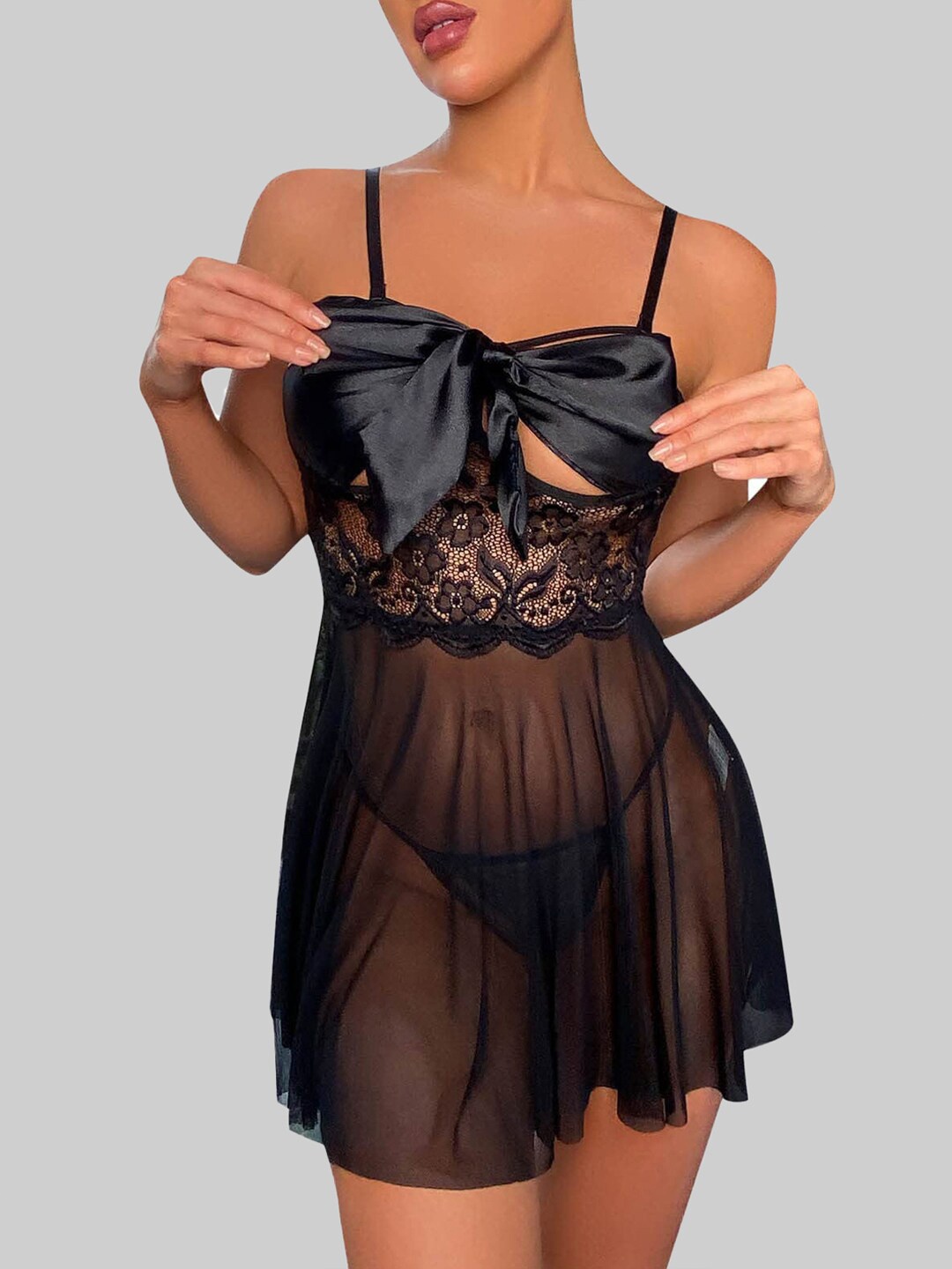 

FIMBUL Self Design Bow Embellished Net Baby Doll, Black