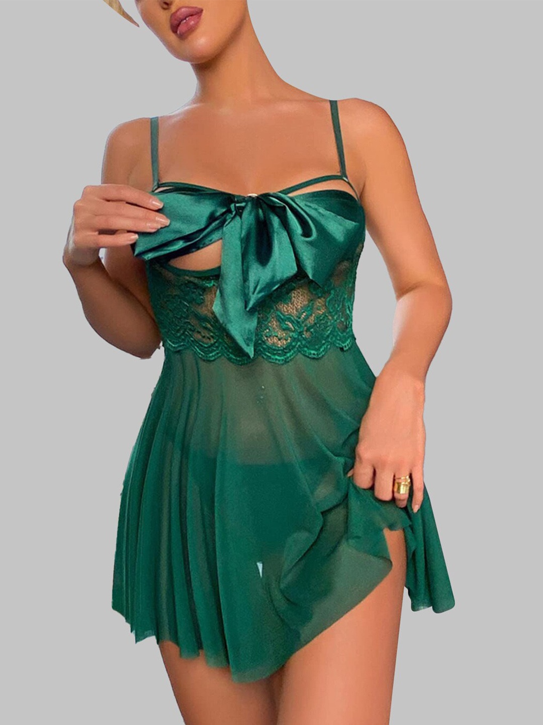 

FIMBUL Self Design Bow Embellished Net Baby Doll, Green