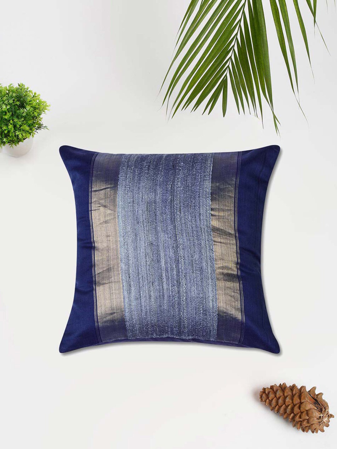 

Fabindia Blue & Gold-Toned Striped Cotton Silk Square Cushion Covers