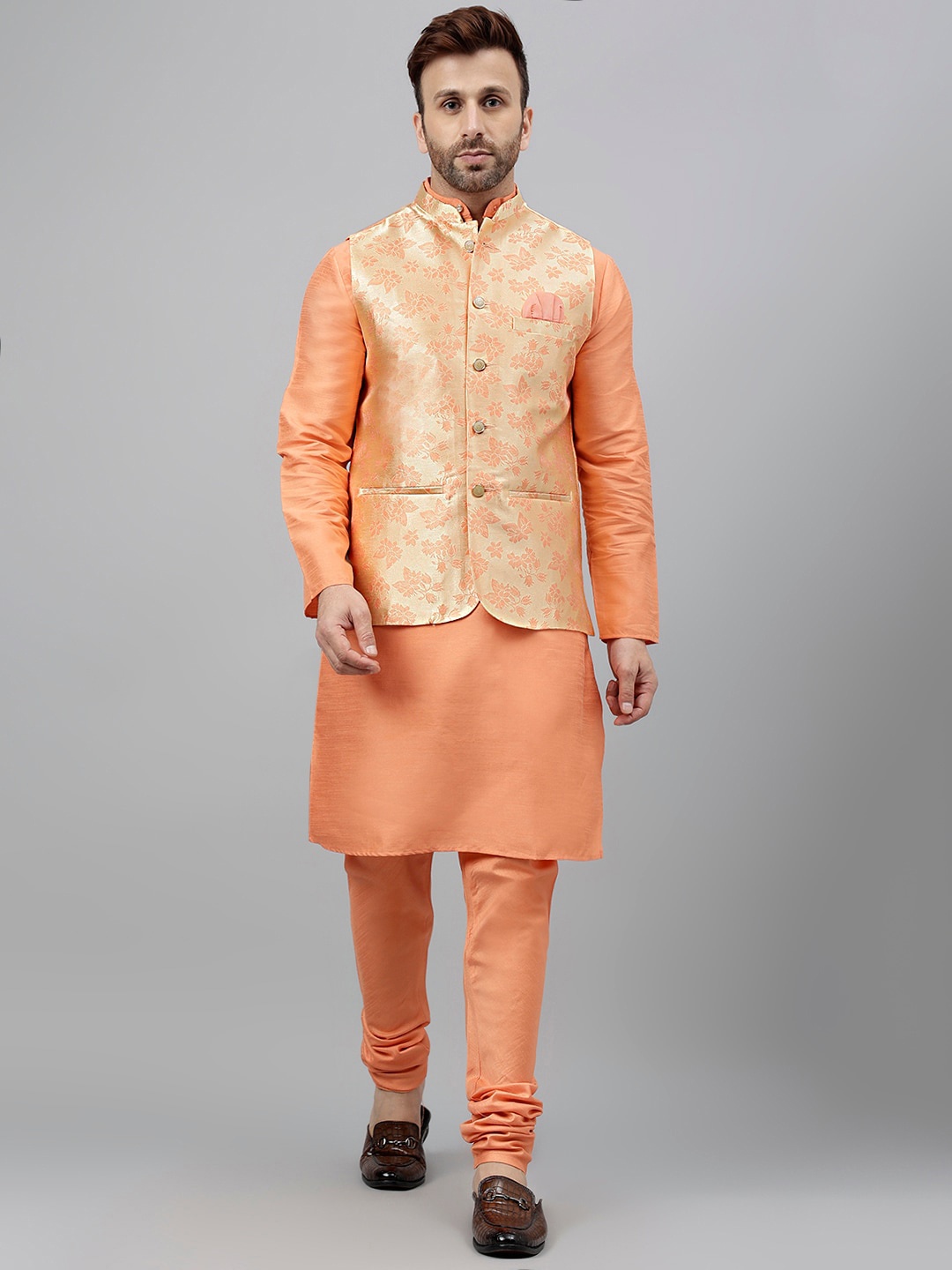 

Hangup Band Collar Regular Kurta with Churidar And Woven Design Nehru Jacket, Peach