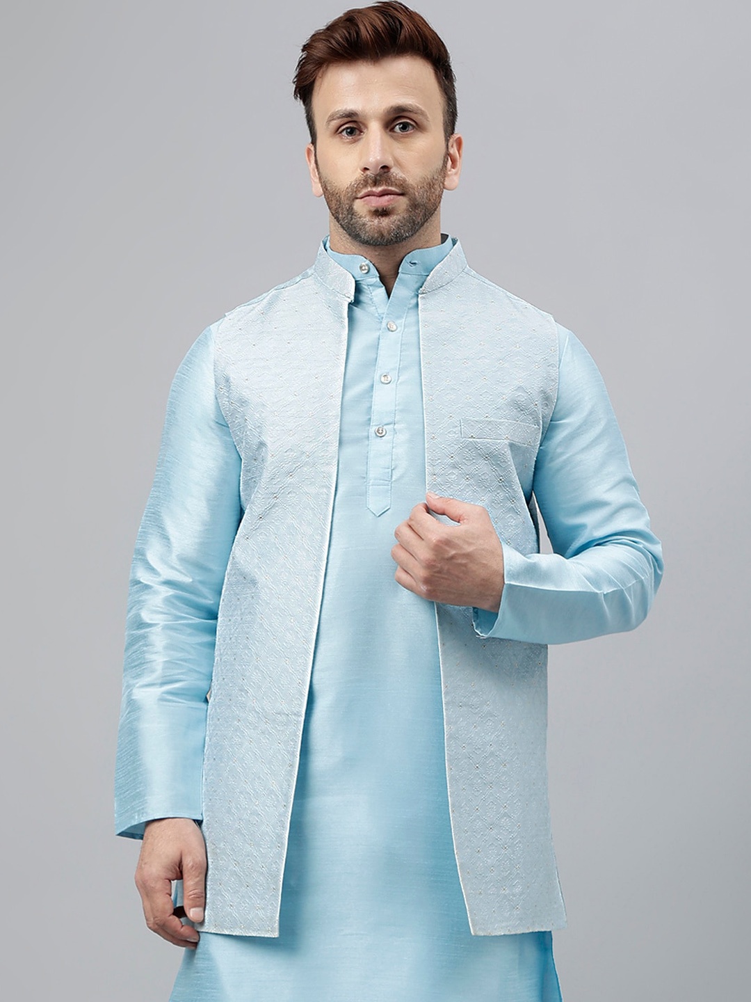 

Hangup Ethnic Motifs Woven Design Nehru Jackets, Blue