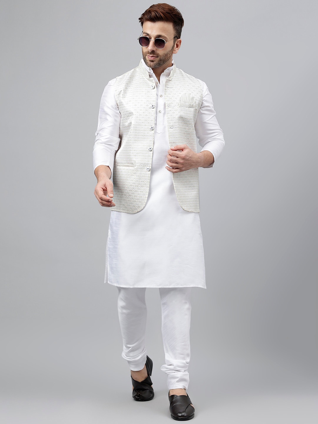 

Hangup Band Collar Regular Kurta with Churidar With Nehru Jacket, White