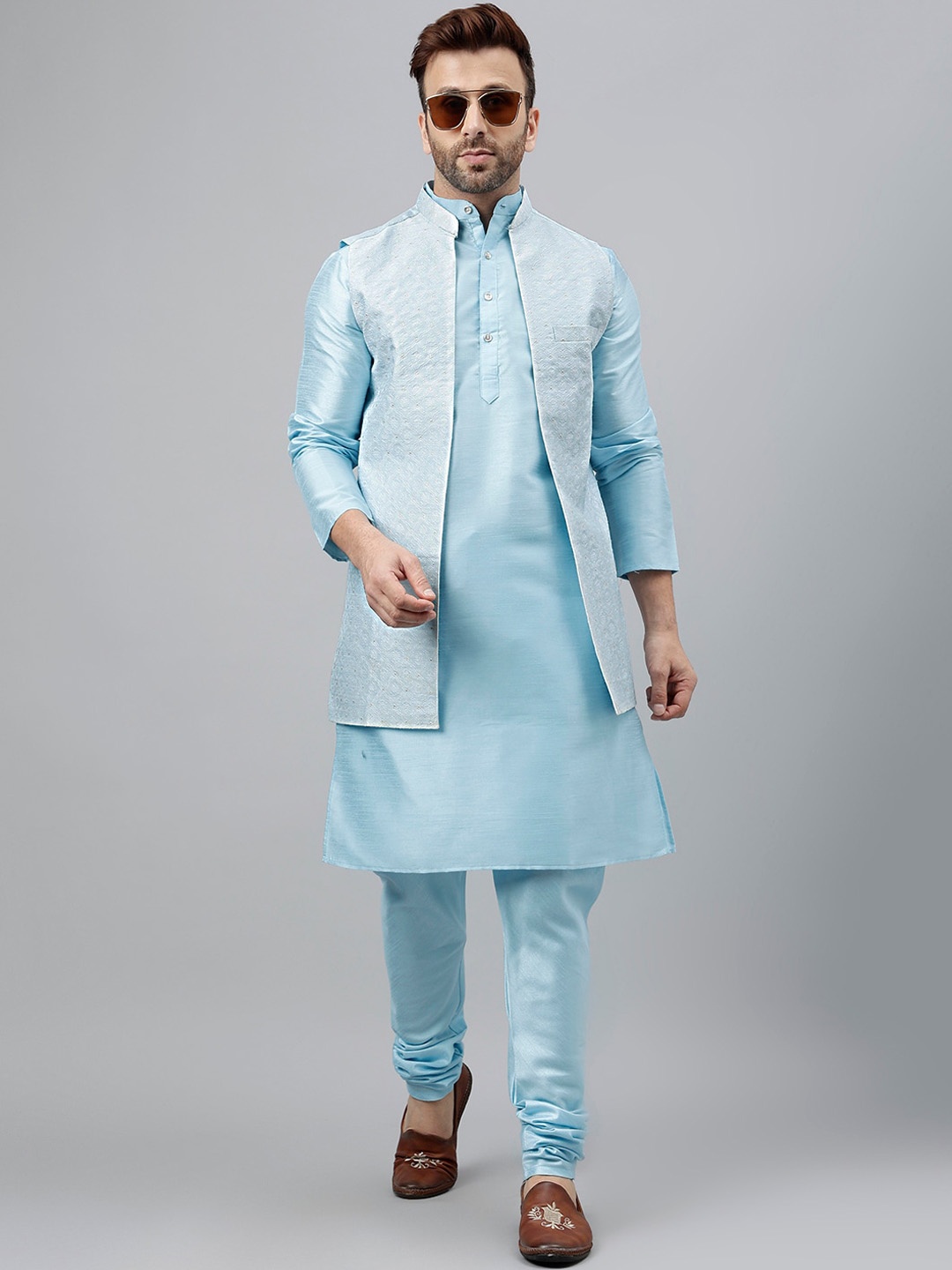 

Hangup Band Collar Regular Kurta with Churidar And Woven Design Nehru Jacket, Blue
