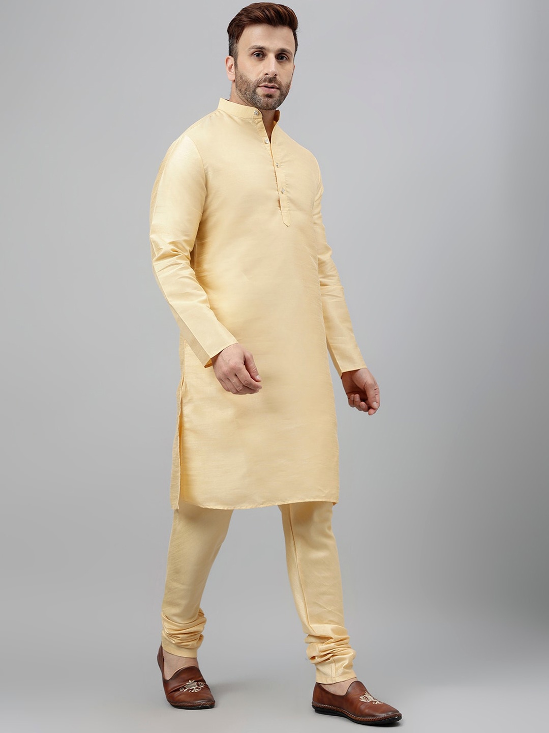 

Hangup Band Collar Regular Kurta with Churidar, Beige