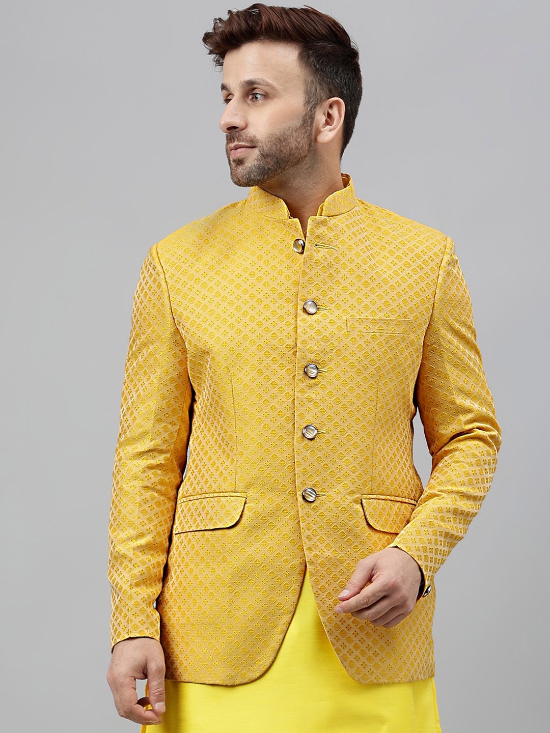 

Hangup Floral Woven Design Nehru Jacket, Yellow