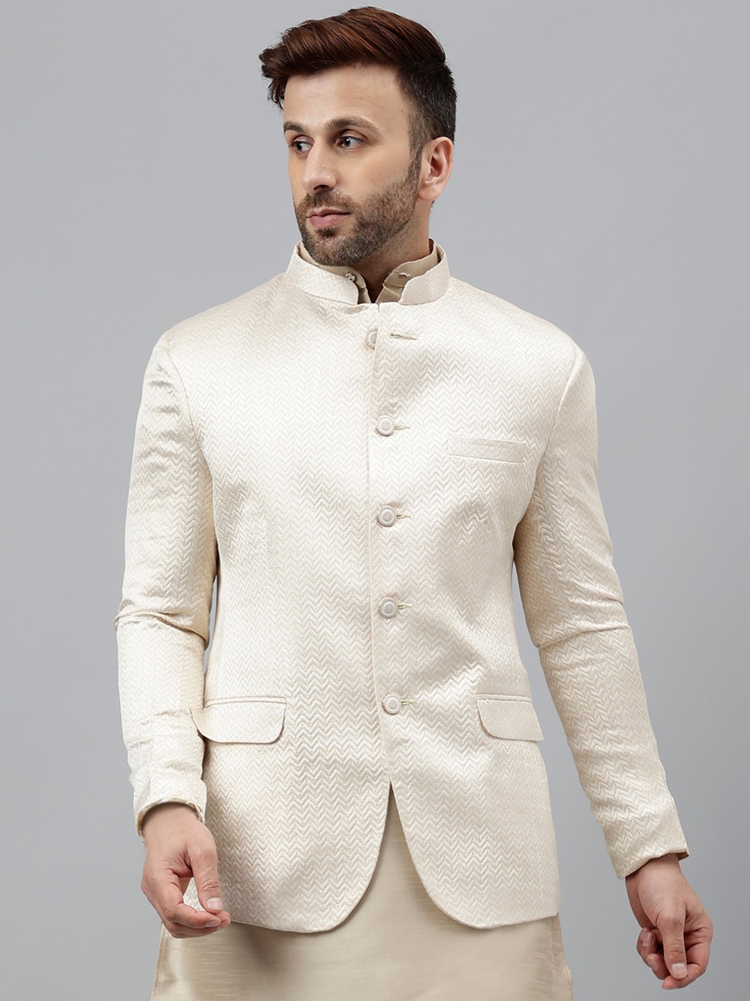 

Hangup Self Design Bandhgala Blazers, Beige