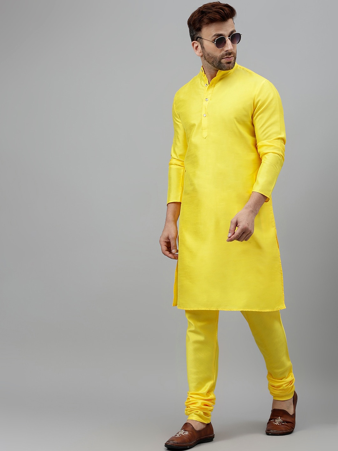 

Hangup Band Collar Regular Kurta with Churidar, Yellow