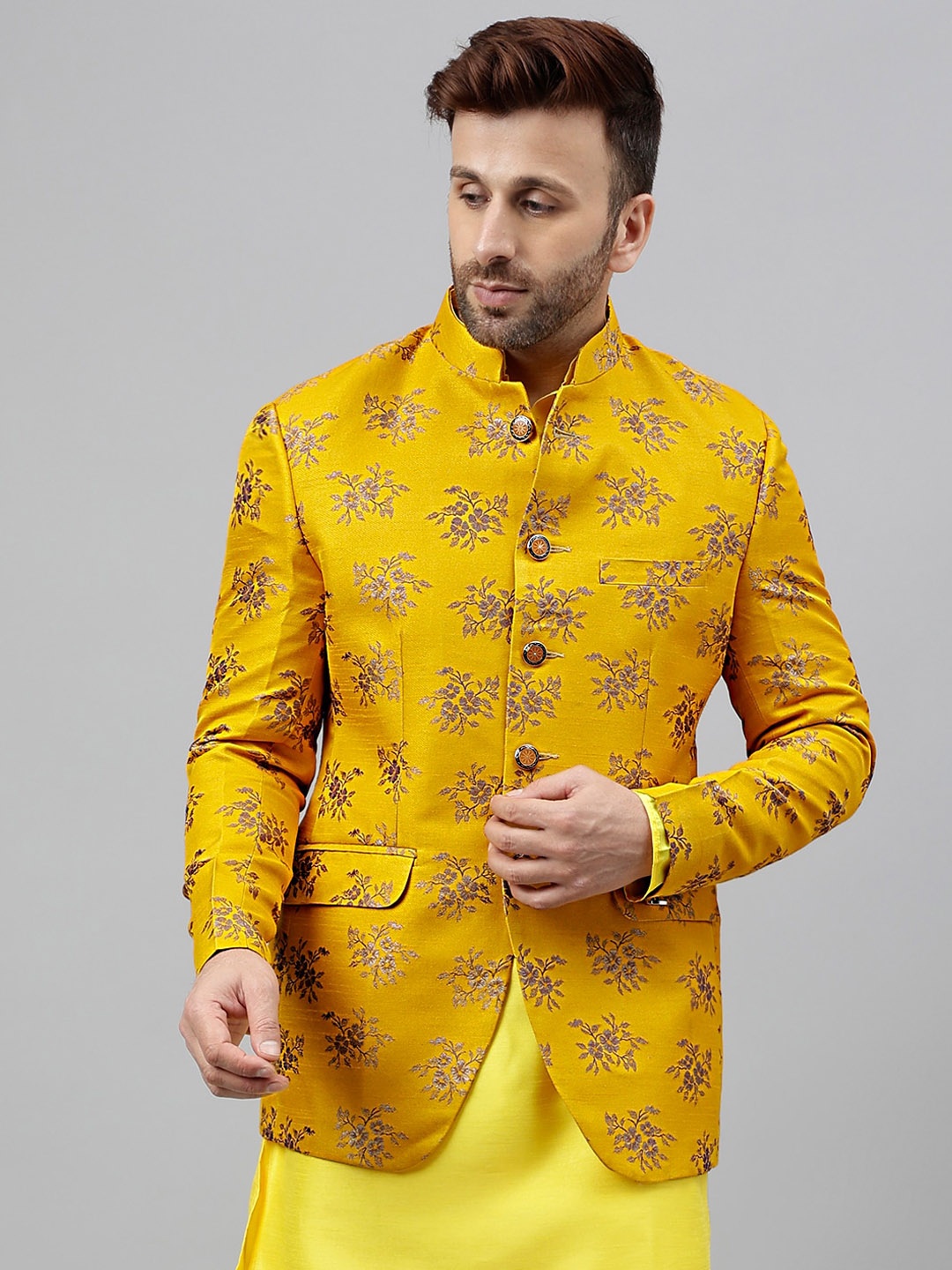 

Hangup Floral Woven Design Nehru Jackets, Yellow