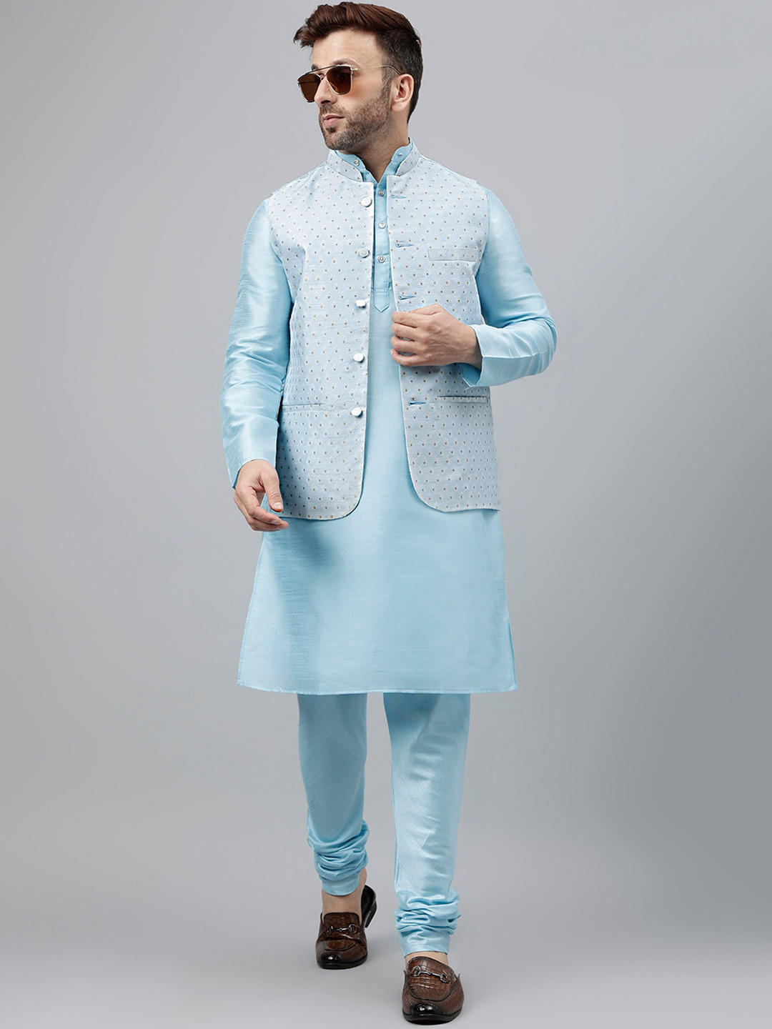 

Hangup Band Collar Regular Kurta with Churidar And Woven Design Nehru Jacket, Blue