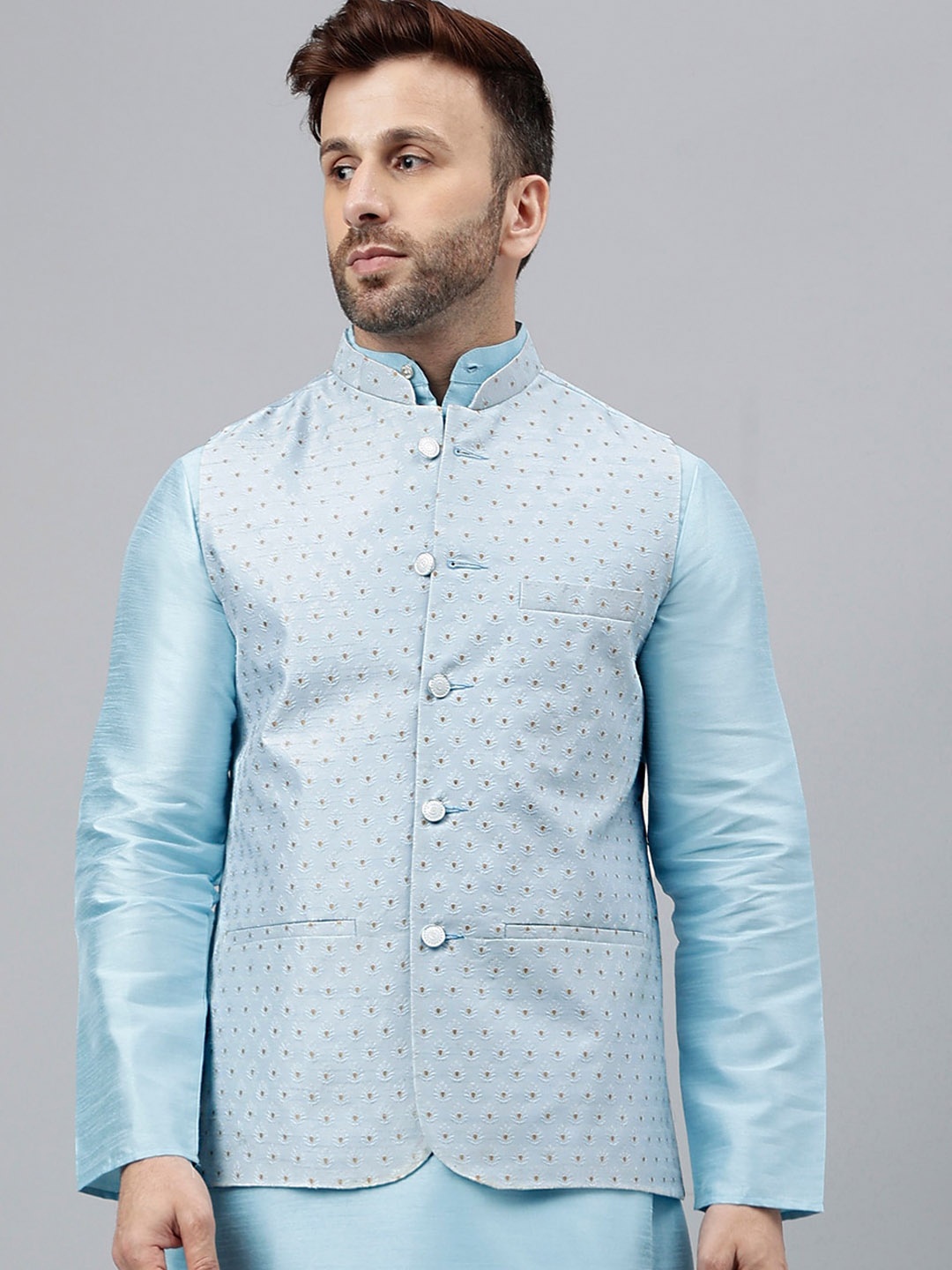 

Hangup Ethnic Motifs Woven Design Nehru Jackets, Blue