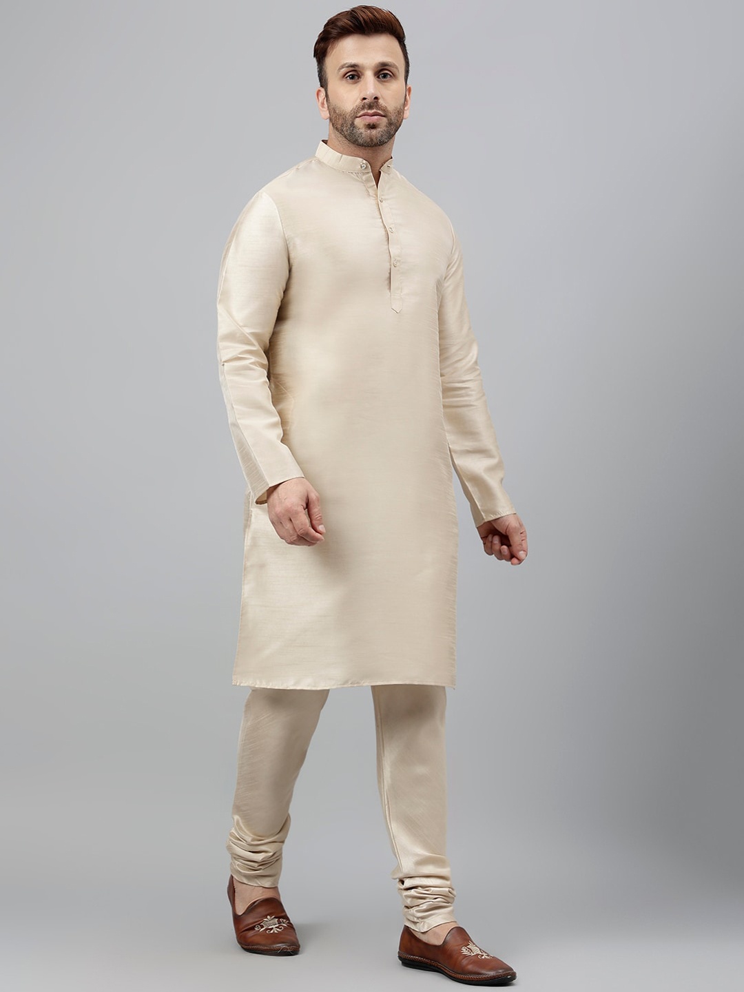

Hangup Band Collar Regular Kurta with Churidar, Beige