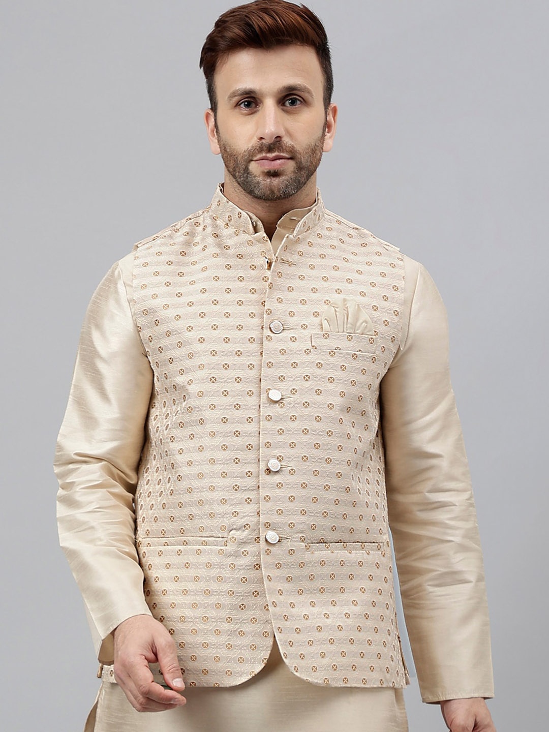 

Hangup Geometric Woven Design Mandarin Collar Nehru Jackets, Beige