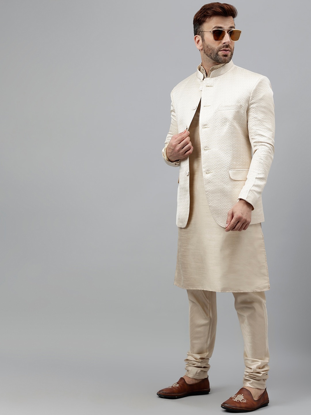 

Hangup Band Collar Regular Kurta with Churidar With Nehru Jacket, Beige