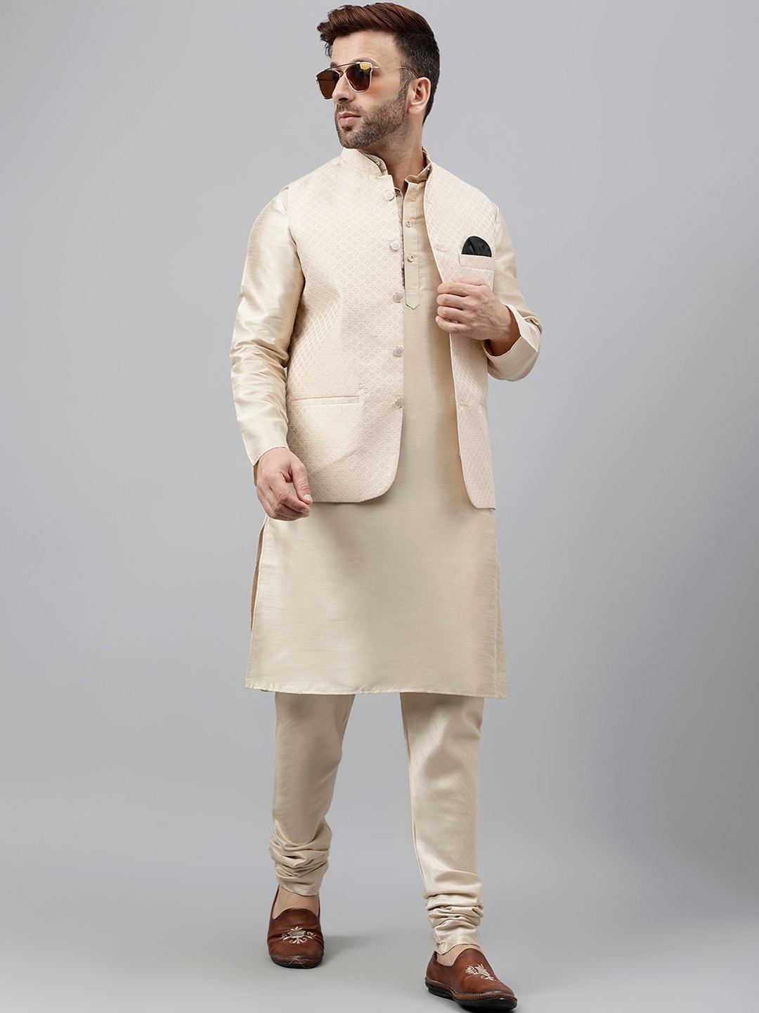 

Hangup Band Collar Regular Kurta with Churidar With Nehru Jacket, Beige