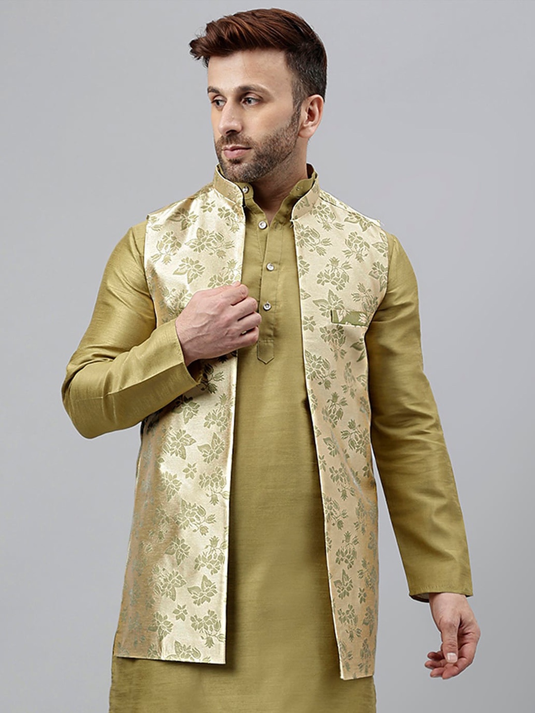 

Hangup Floral Woven Design Mandarin Collar Nehru Jackets, Sea green