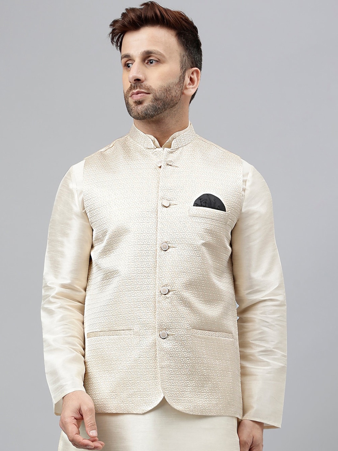 

Hangup Ethnic Motifs Woven Design Nehru Jackets, Cream