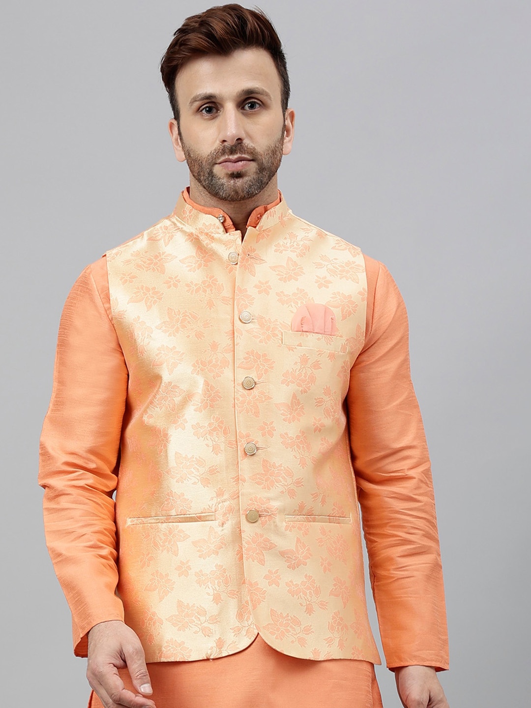 

Hangup Floral Woven Design Mandarin Collar Nehru Jackets, Peach