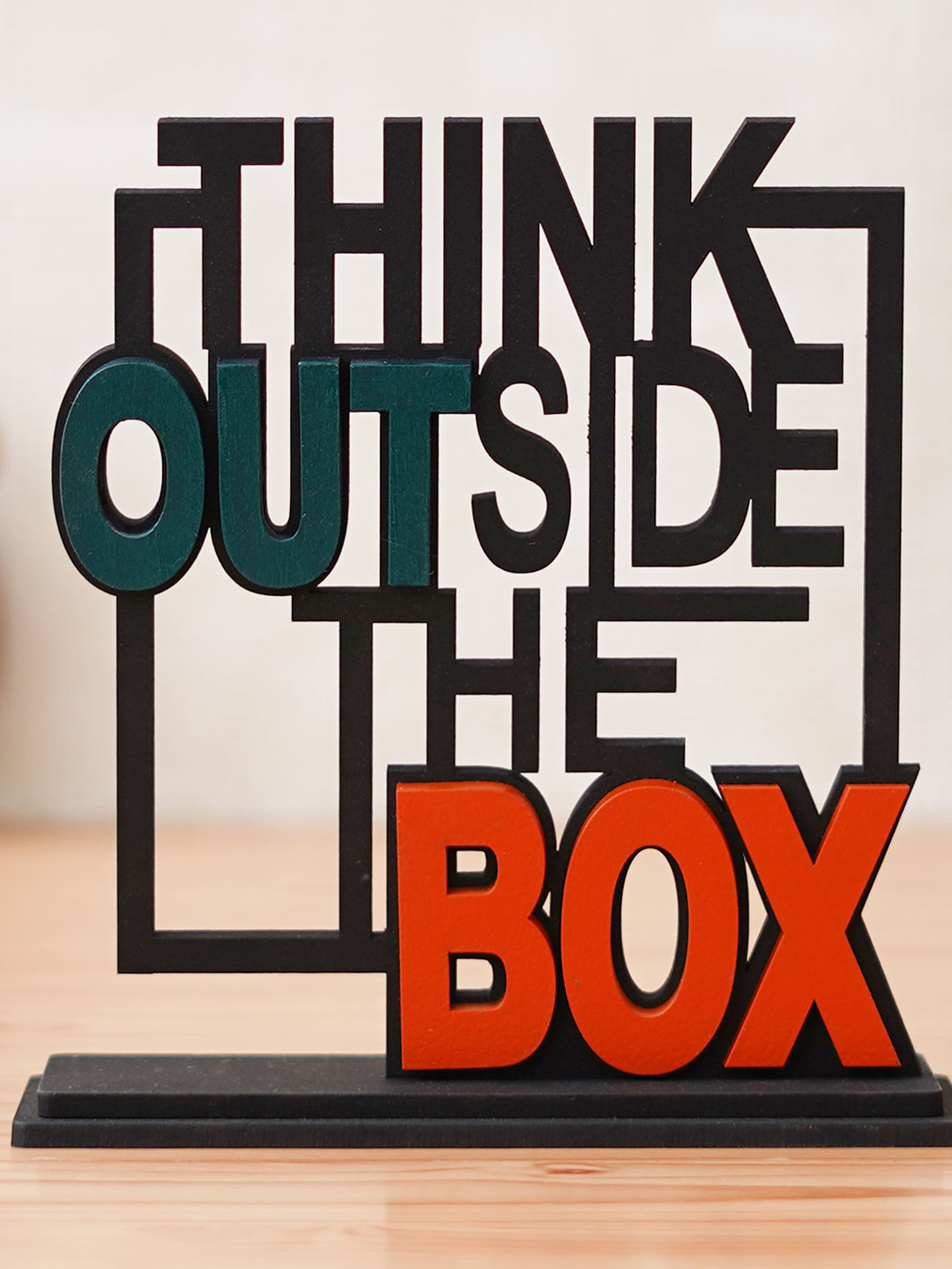

eCraftIndia Red & Black Wooden Think Outside The Box Quote Decorative Showpiece