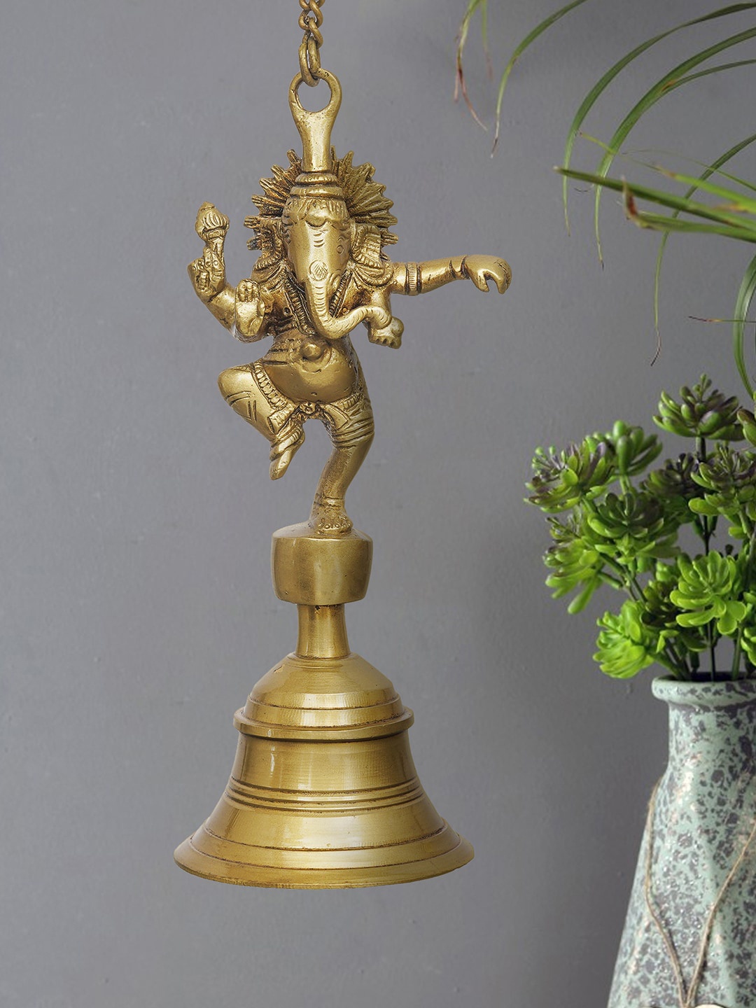 

eCraftIndia Golden Brass Dancing Ganesha Idol Wall Hanging Bell With Chain, Gold