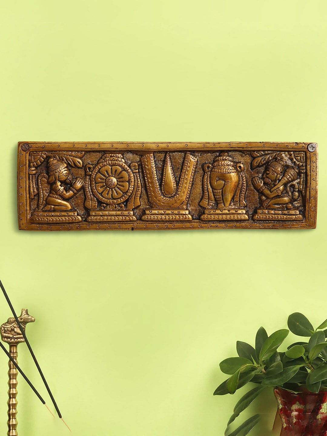 

eCraftIndia Golden Lord Tirupati Balaji Symbol Shankh Chakra Tilak Wall Hanging, Gold