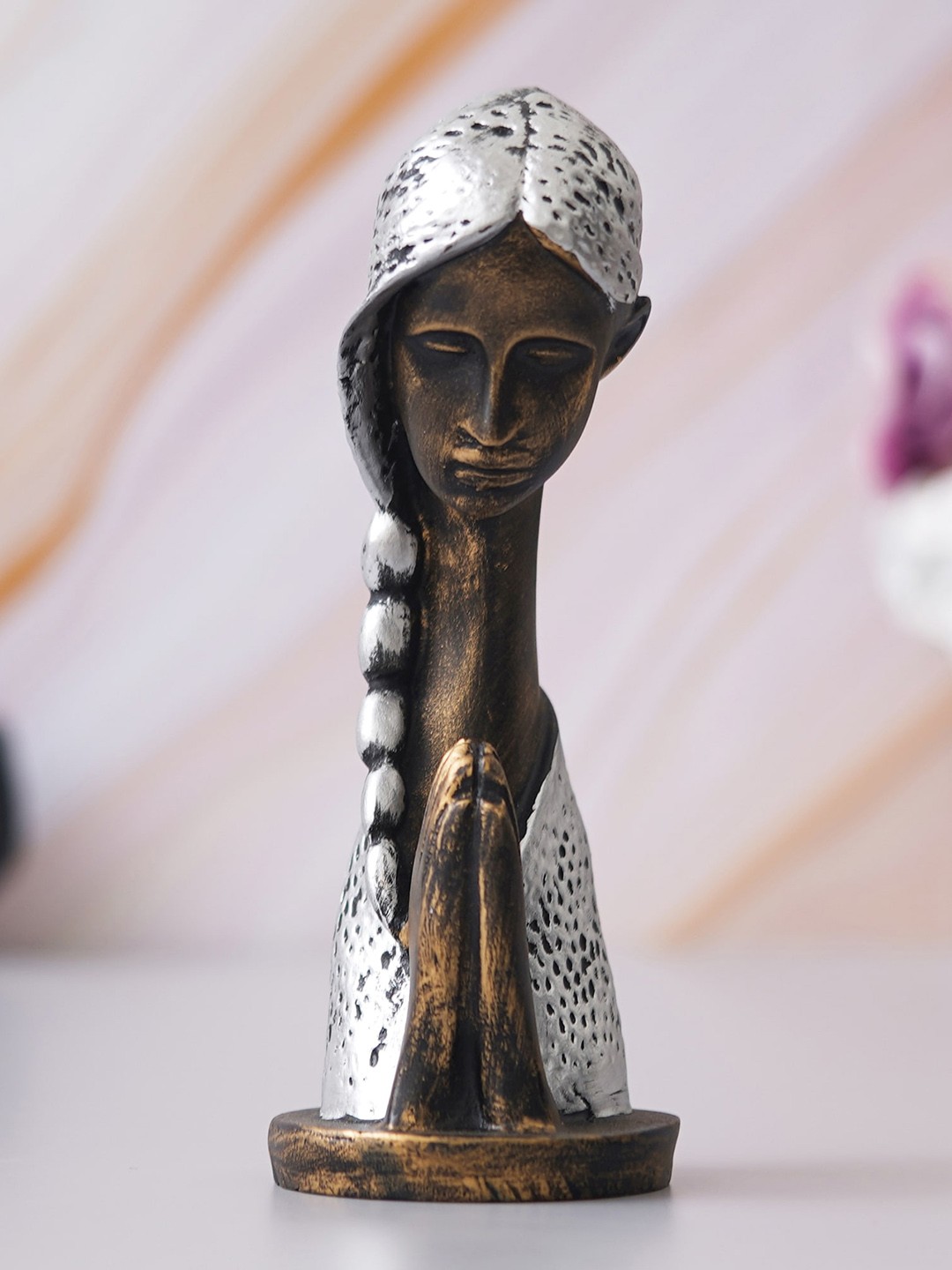 

eCraftIndia Brown Women Praying Statue Polyresin Showpiece, Silver