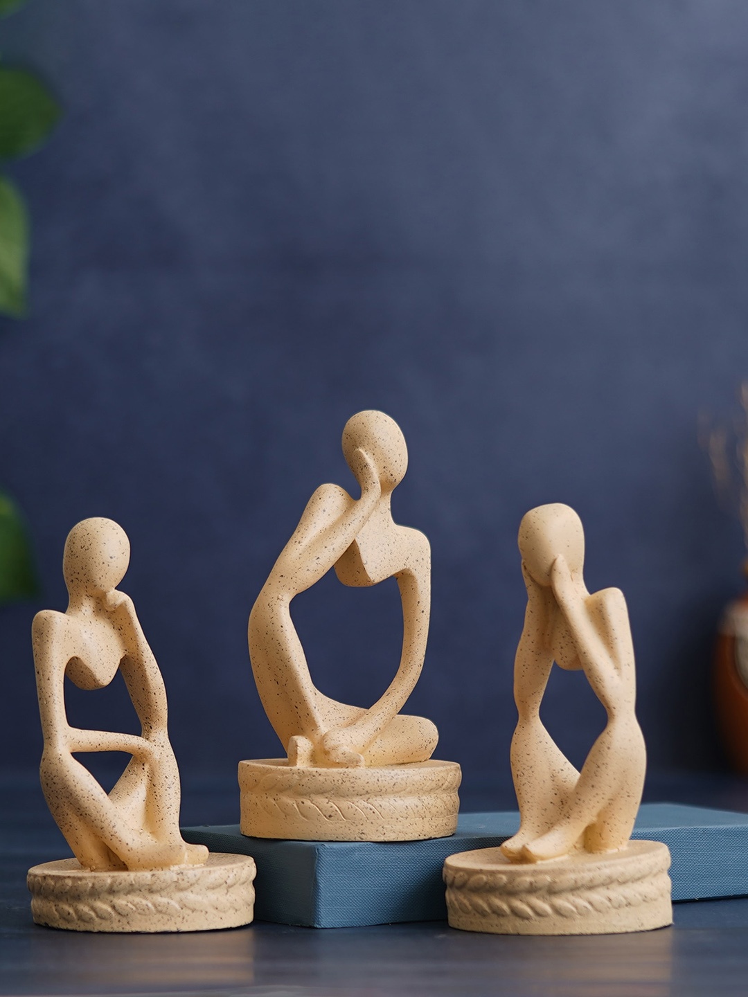 

eCraftIndia 3 Pieces Textured Sitting Human Figurine Showpiece, Cream