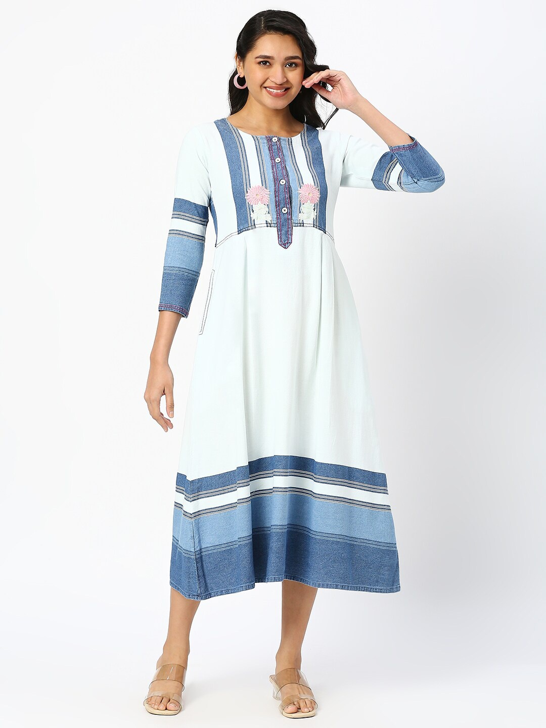 

DRESSLINE Striped Embroidered Denim A-Line Ethnic Dress, Blue