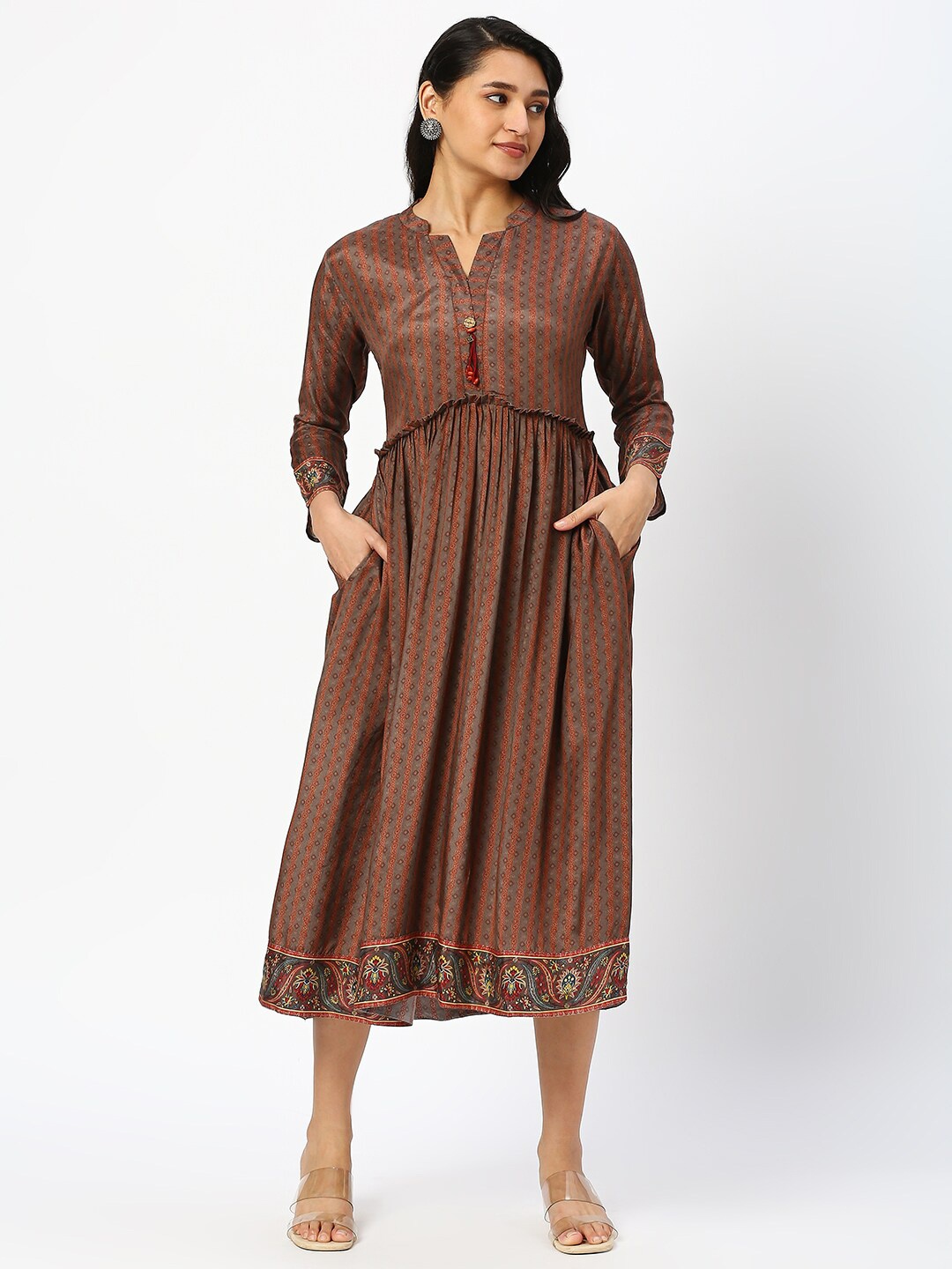 

DRESSLINE Ethnic Motifs Printed Gathered Embroidered A-Line Ethnic Dress, Brown