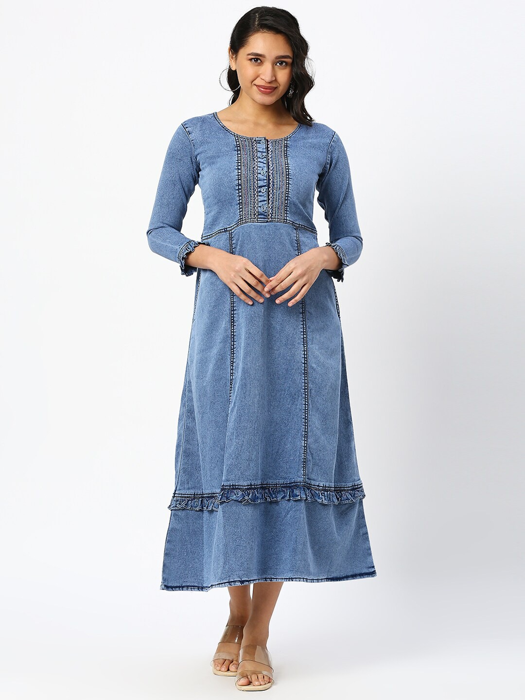 

DRESSLINE Ruffled Denim A-Line Midi Dress, Blue