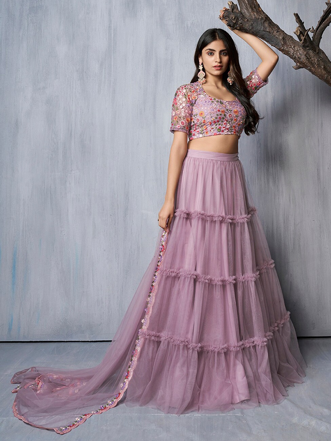 

Inddus Embroidered Thread Work Semi-Stitched Lehenga & Unstitched Blouse With Dupatta, Lavender