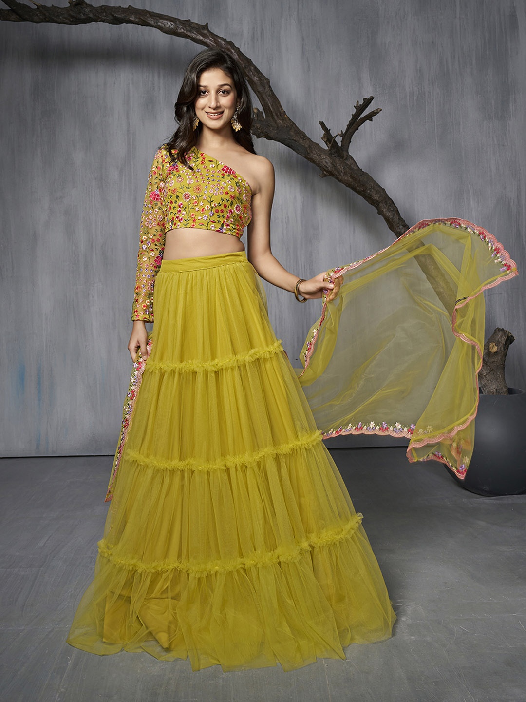

Inddus Embroidered Semi-Stitched Lehenga & Unstitched Blouse With Dupatta, Olive