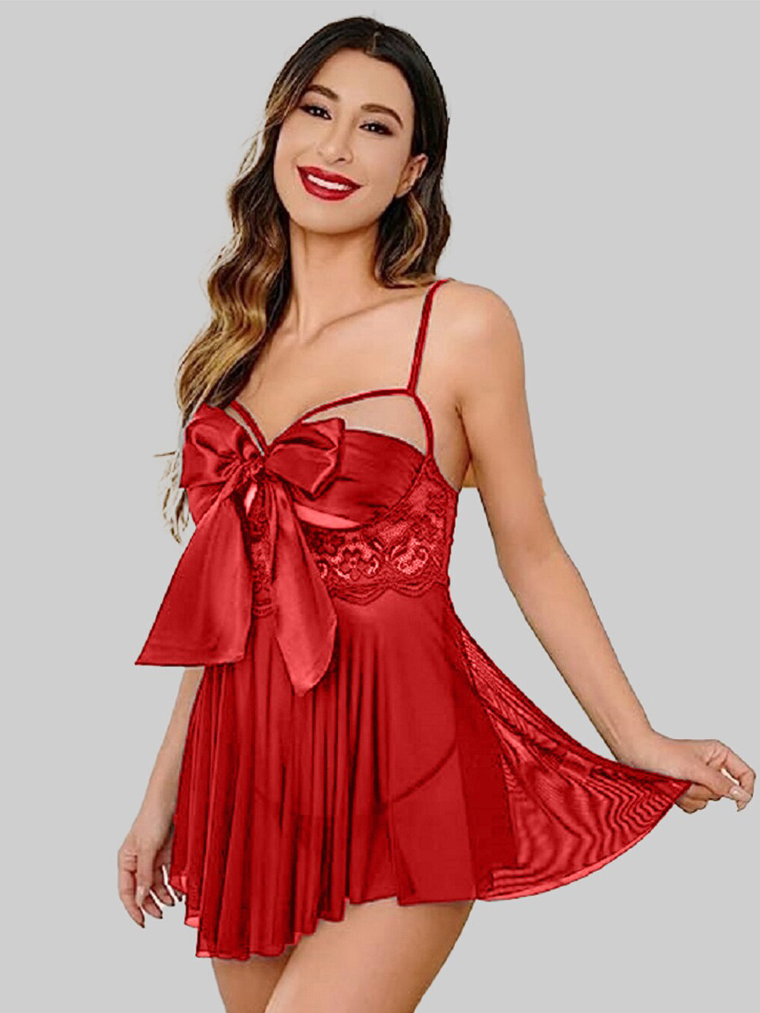 

FIMBUL Self Design Bow Embellished Net Baby Doll, Red