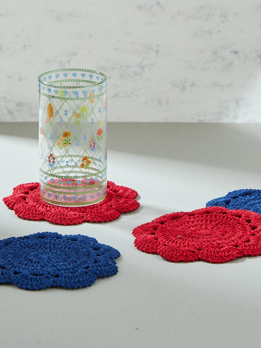 

Fabindia Red & Navy Blue 4 Pieces Pushp Cotton Crochet Coasters
