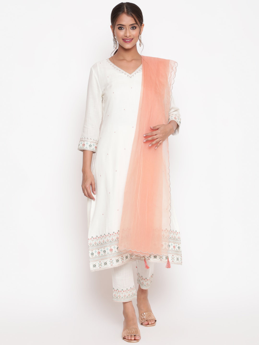 

SAVI Embroidered Kurta & Trousers Set With Organza Dupatta, Off white