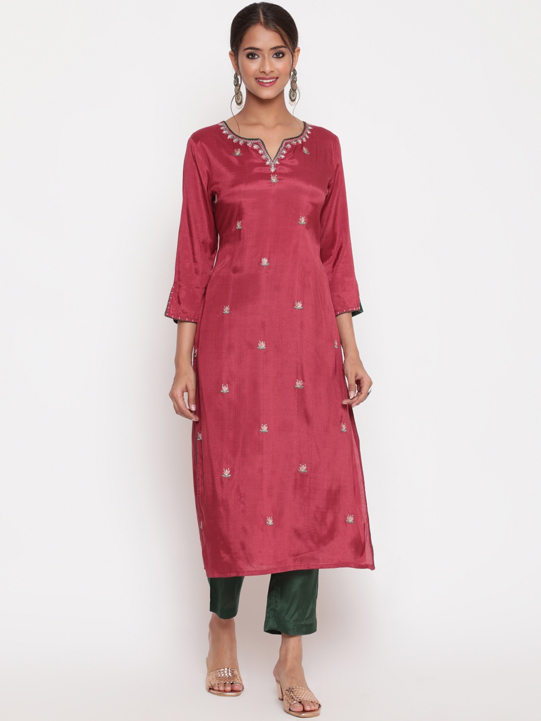 SAVI Embroidered Straight Kurta & Trousers Set, Pink