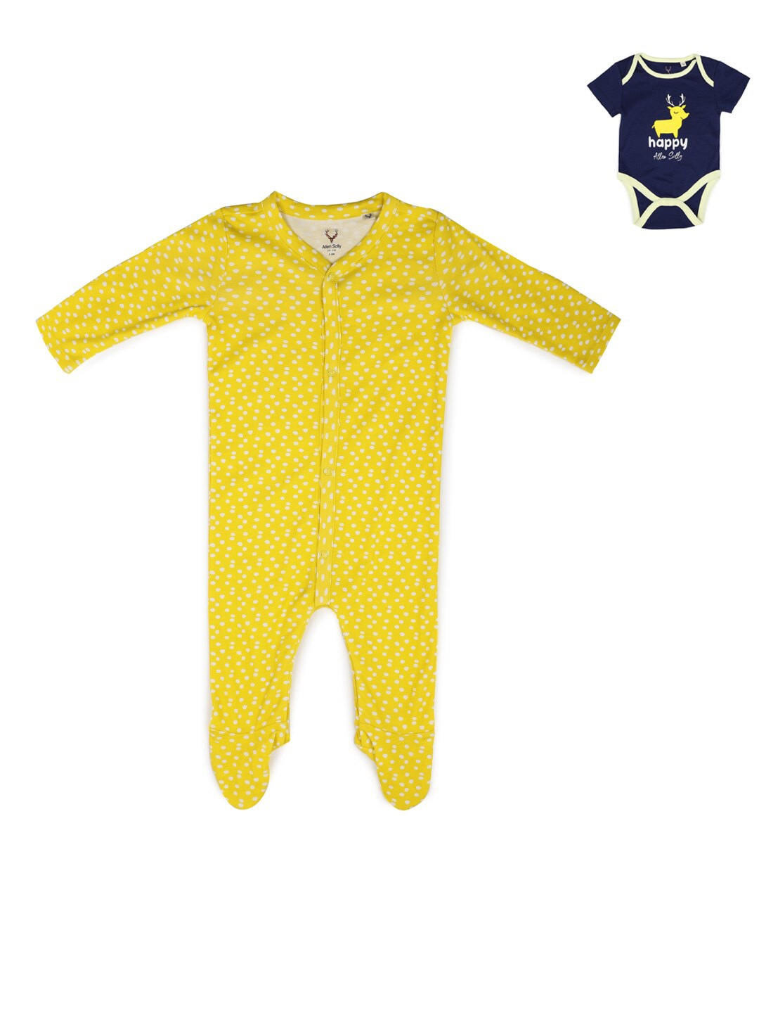 

Allen Solly Junior Infants Pack Of 2 Graphic Print Cotton Round Neck Sleepsuit & Bodysuit, Navy blue