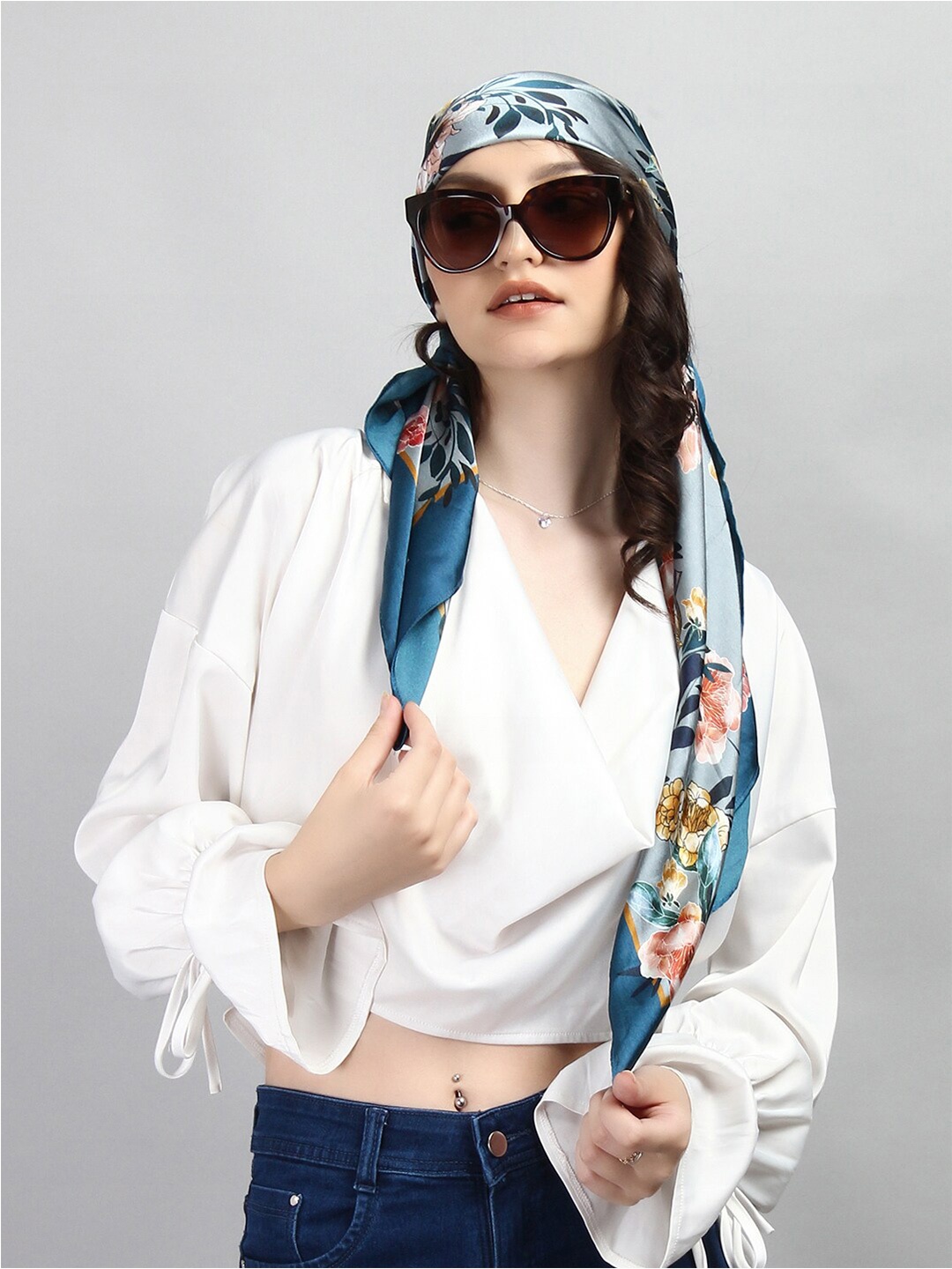 

RUNWAYIN Women Floral Printed Satin Scarf, Blue