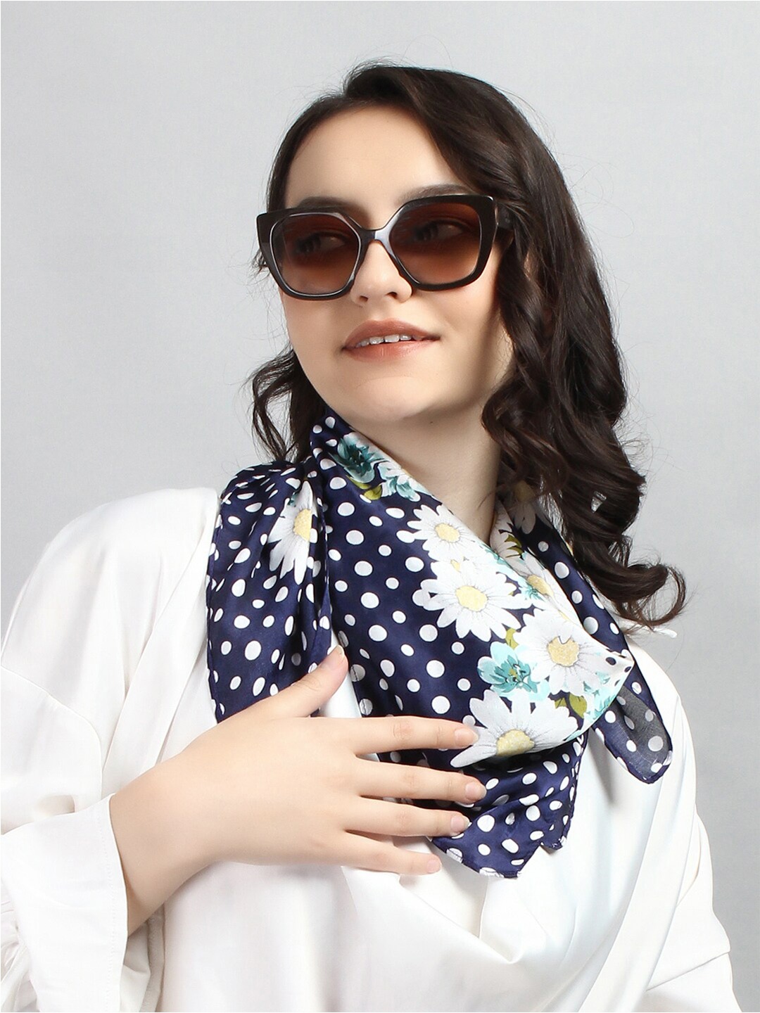 

RUNWAYIN Women Polka Dot Printed Satin Scarf, Blue