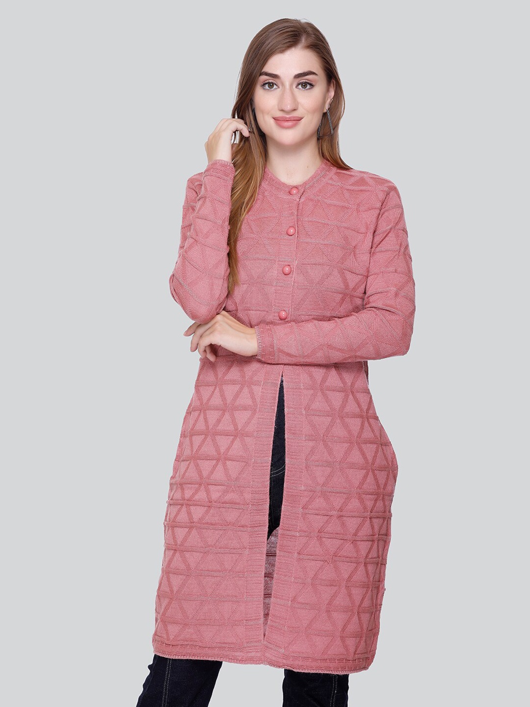 

Winter Wonders Geometric Self Design Woollen Longline Cardigan, Pink