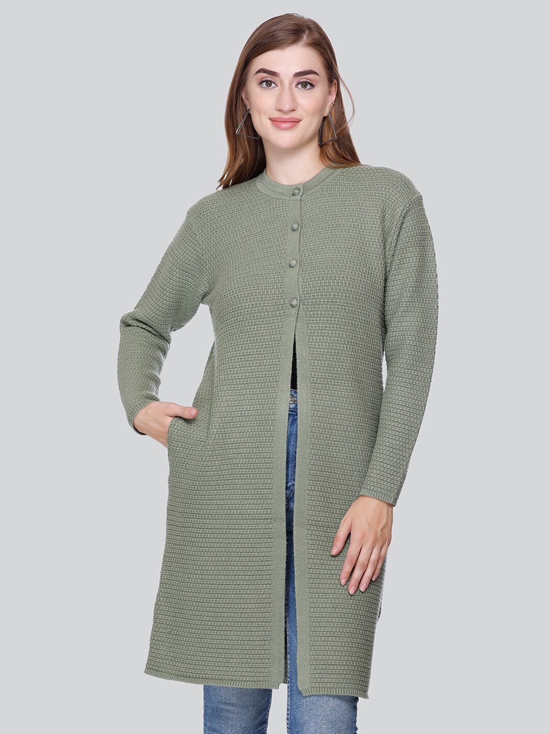 

Winter Wonders Cable Knit Design Woollen Longline Cardigan, Green