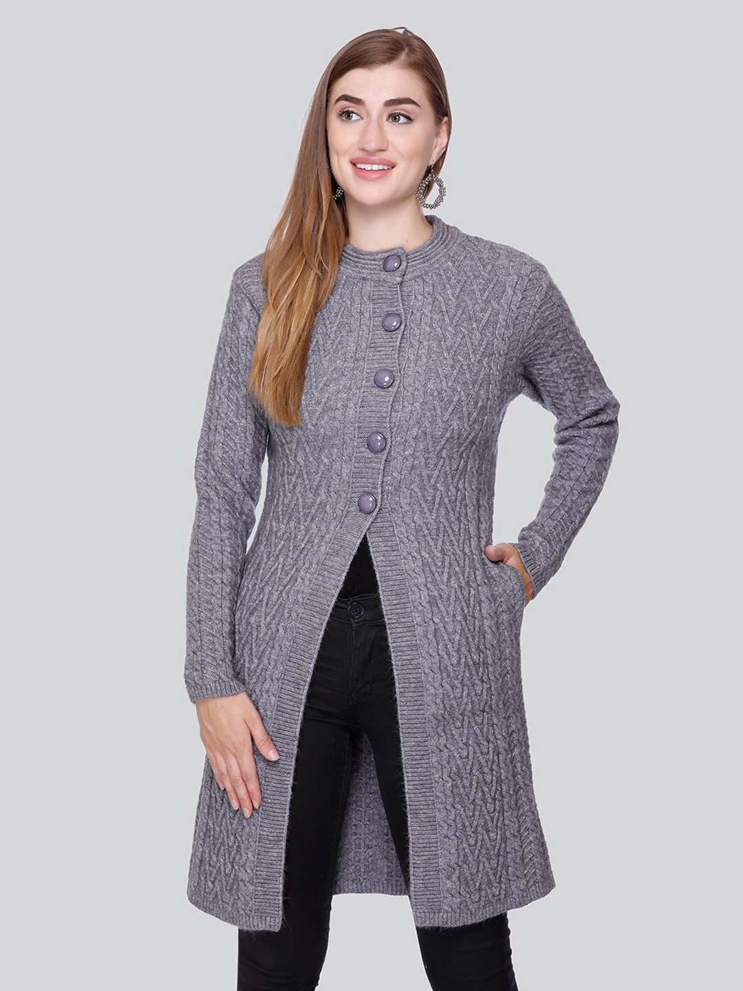 

Winter Wonders Cable Knit Design Woollen Longline Cardigan, Grey