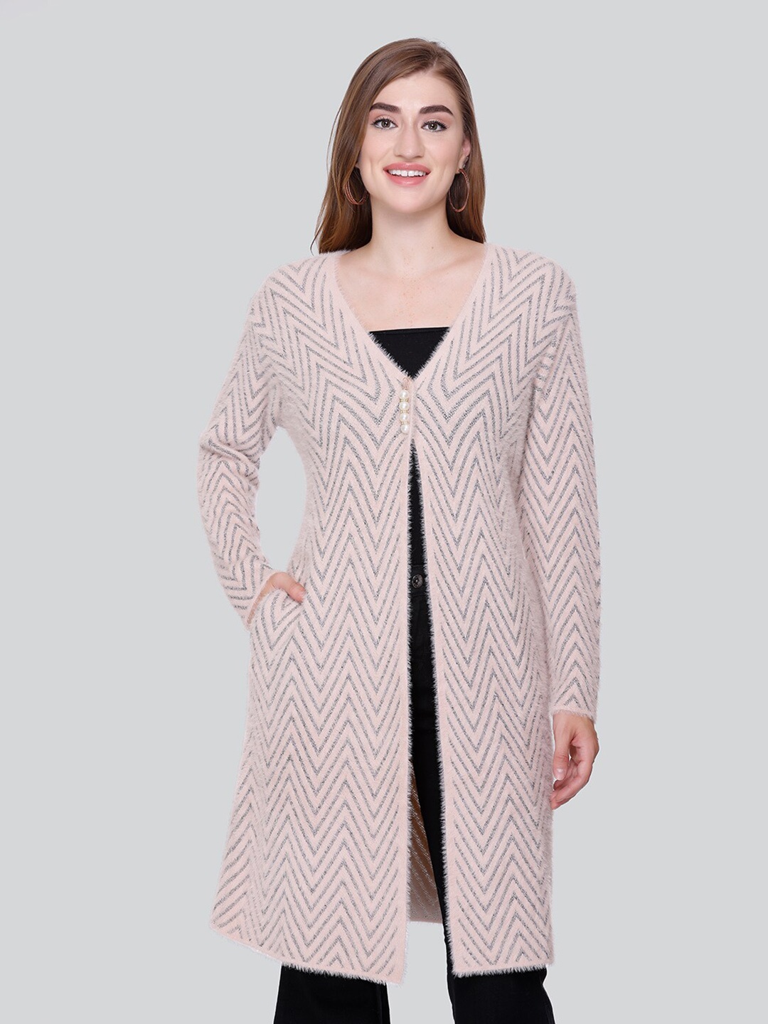 

Winter Wonders Geometric Self Design Woollen Longline Cardigan, Pink